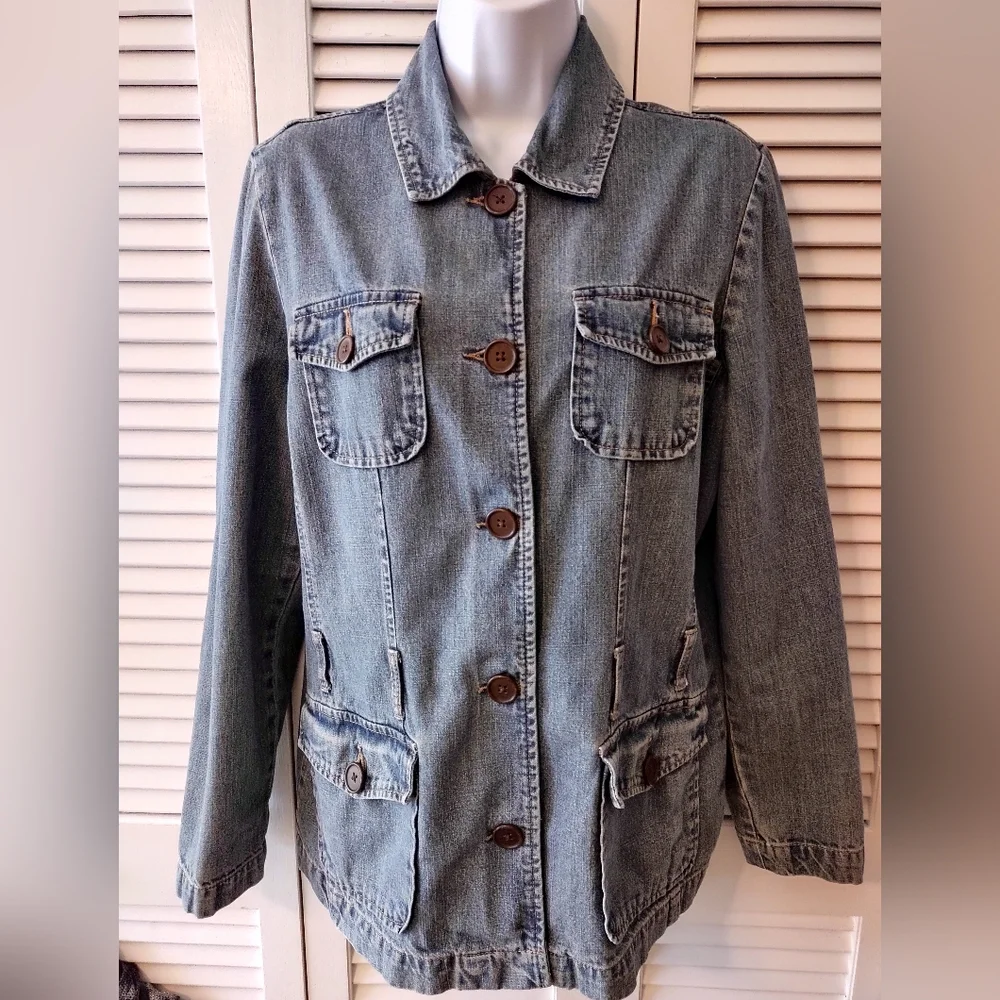 French Cuff Vintage Button Front Denim Jeans Jacket size Medium - Picture 2 of 13